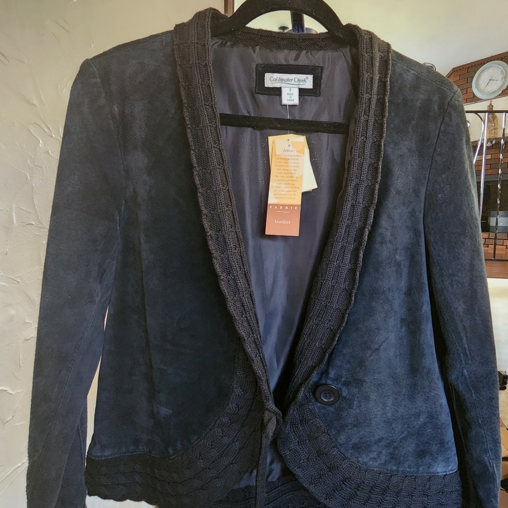 Coldwater Creek Black Suide Jacket with Black Cable Knitted Collar, Sleeve Cuffs